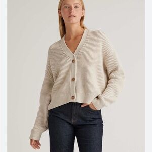Quince Beige Organic Cotton Fisherman Cardigan Sweater L Boxy Cropped Rib Knit